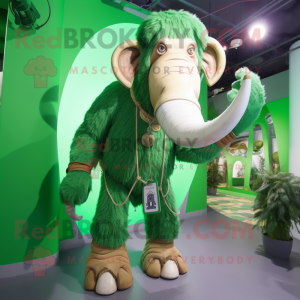 Green Mammoth mascot costume character dressed with a Dungarees and Necklaces