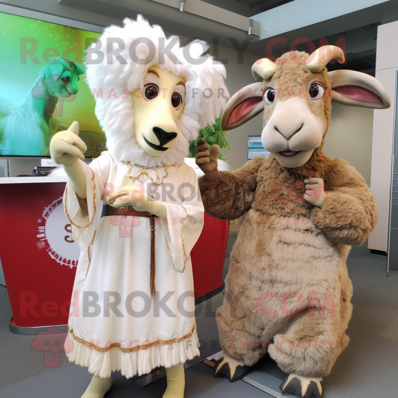 Beige Ram mascot costume character dressed with a Maxi Dress and Watches