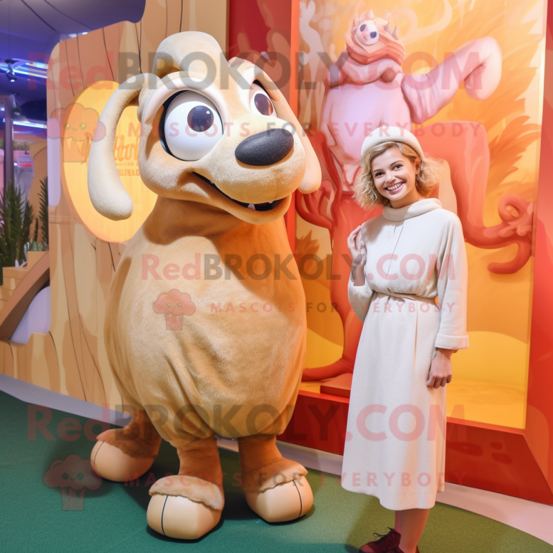 Beige Ram mascot costume character dressed with a Maxi Dress and Watches