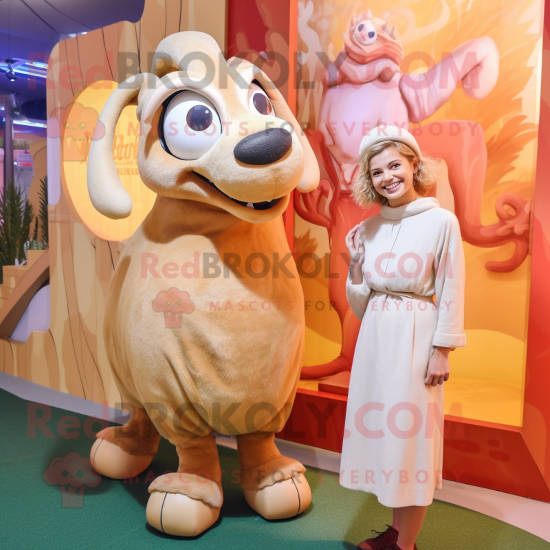 Beige Ram mascot costume character dressed with a Maxi Dress and Watches Beige Ram mascot costume character dressed with a Maxi Dress and Watches