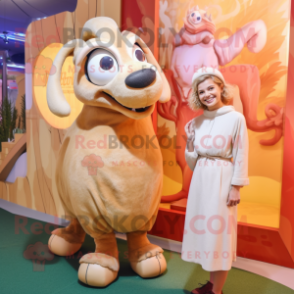 Beige Ram mascot costume character dressed with a Maxi Dress and Watches