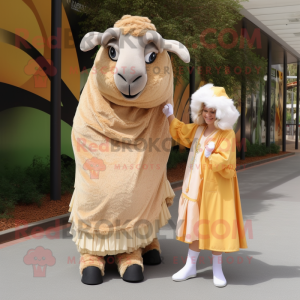 Beige Ram mascot costume character dressed with a Maxi Dress and Watches