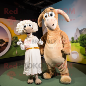 Beige Ram mascot costume character dressed with a Maxi Dress and Watches