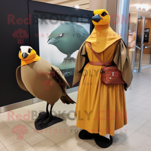 Gold Passenger Pigeon mascot costume character dressed with a Maxi Skirt and Messenger bags