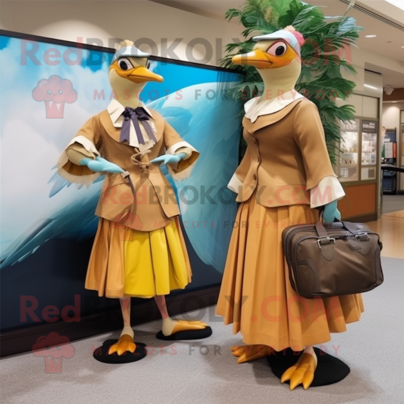 Gold Passenger Pigeon mascot costume character dressed with a Maxi Skirt and Messenger bags