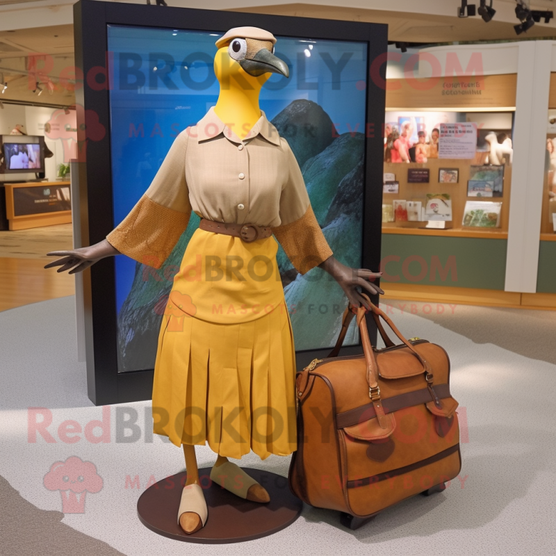 Gold Passenger Pigeon mascot costume character dressed with a Maxi Skirt and Messenger bags