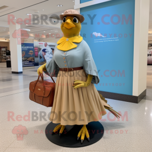 Gold Passenger Pigeon mascot costume character dressed with a Maxi Skirt and Messenger bags