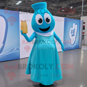 Cyan Bottle Of Milk mascot costume character dressed with a A-Line Skirt and Headbands