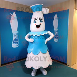 Cyan Bottle Of Milk mascot costume character dressed with a A-Line Skirt and Headbands