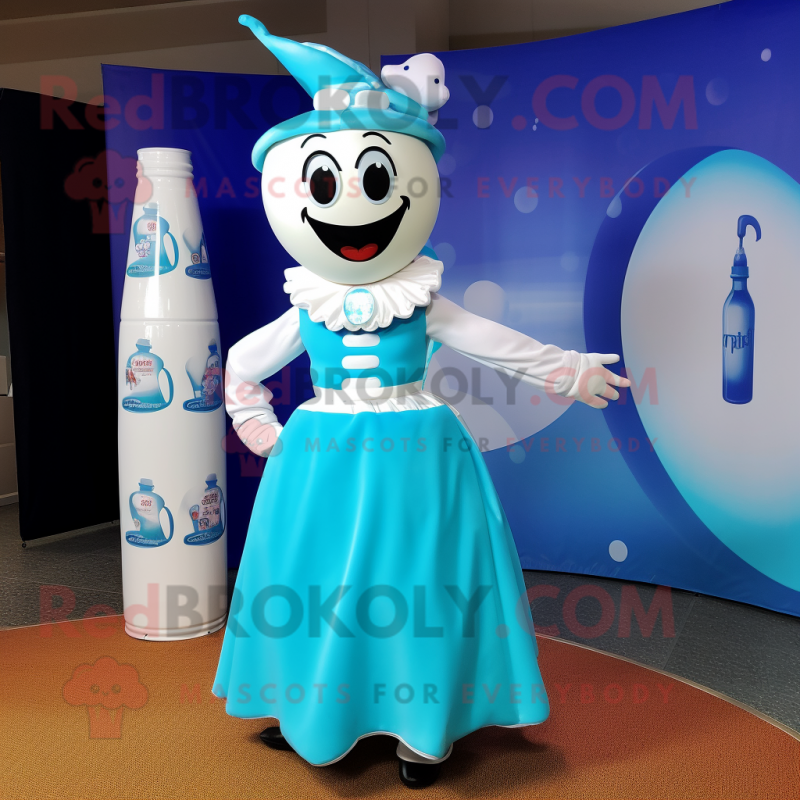 Cyan Bottle Of Milk mascot costume character dressed with a A-Line Skirt and Headbands