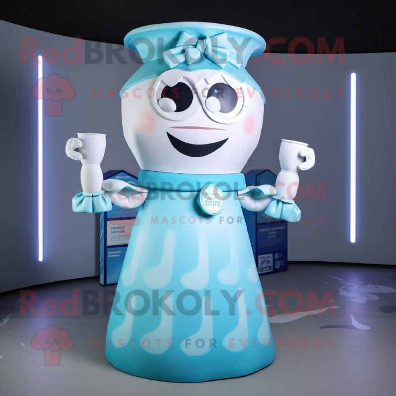 Cyan Bottle Of Milk mascot costume character dressed with a A-Line Skirt and Headbands