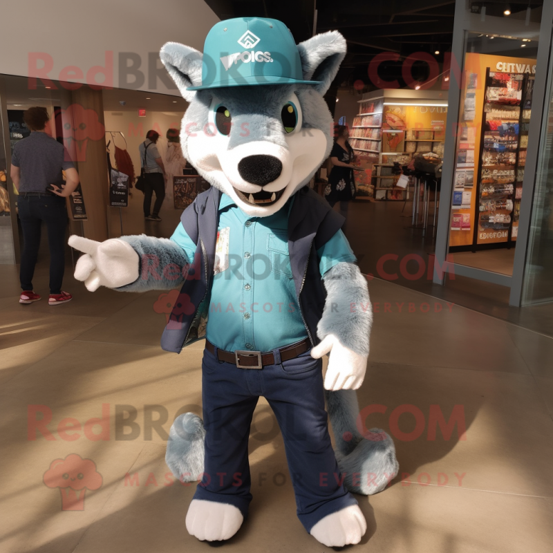 Teal Thylacosmilus mascot costume character dressed with a Boyfriend Jeans and Hat pins