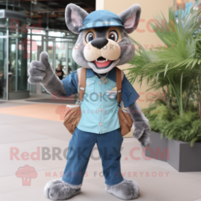 Teal Thylacosmilus mascot costume character dressed with a Boyfriend Jeans and Hat pins