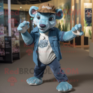 Teal Thylacosmilus mascot costume character dressed with a Boyfriend Jeans and Hat pins