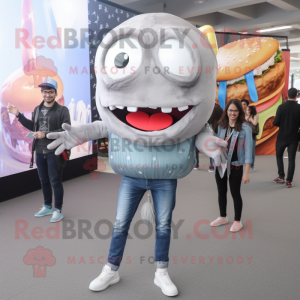 Silver Hamburger mascot costume character dressed with a Skinny Jeans and Anklets