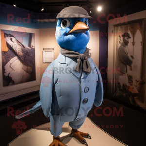 Blue Passenger Pigeon mascot costume character dressed with a Playsuit and Tie pins