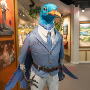 Blue Passenger Pigeon mascot costume character dressed with a Playsuit and Tie pins