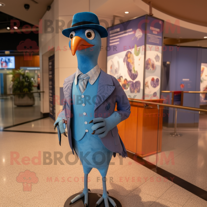 Blue Passenger Pigeon mascot costume character dressed with a Playsuit and Tie pins