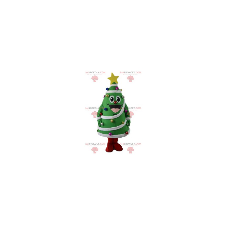 Tannenmaskottchen mit seiner Dekoration. Weihnachtsbaumkostüm -