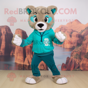 Teal Mountain Lion mascot costume character dressed with a Sweater and Shoe clips