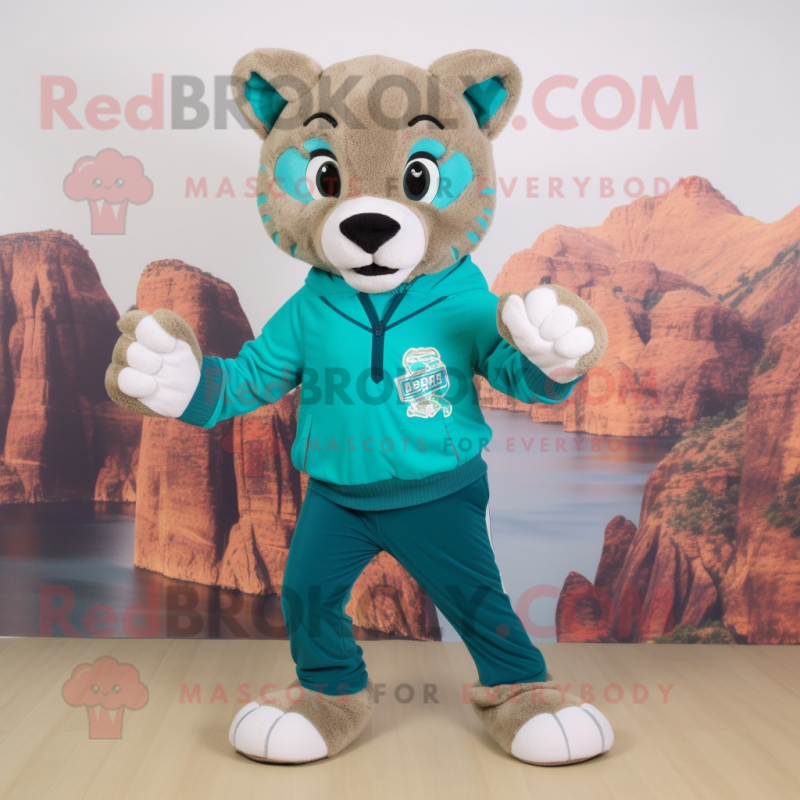 Teal Mountain Lion mascot costume character dressed with a Sweater and Shoe clips