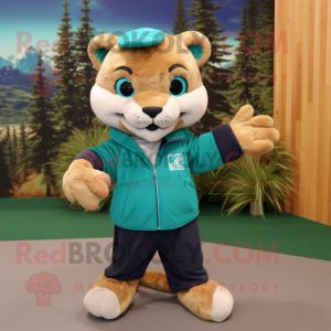 Teal Mountain Lion mascot costume character dressed with a Sweater and Shoe clips