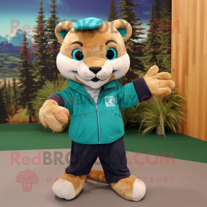 Teal Mountain Lion mascot costume character dressed with a Sweater and Shoe clips Teal Mountain Lion mascot costume character dressed with a Sweater and Shoe clips
