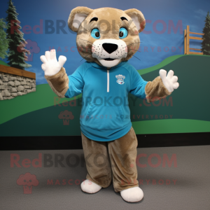 Teal Mountain Lion mascot costume character dressed with a Sweater and Shoe clips