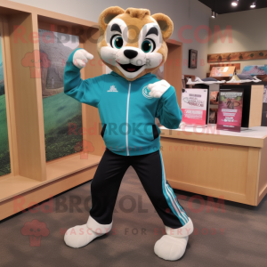 Teal Mountain Lion mascot costume character dressed with a Sweater and Shoe clips