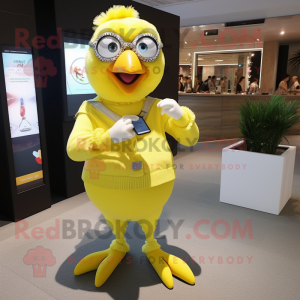 Lemon Yellow Parrot mascot costume character dressed with a Skirt and Smartwatches