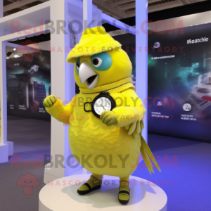 Lemon Yellow Parrot mascot costume character dressed with a Skirt and Smartwatches