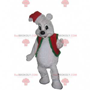 Mascota del oso polar con una pequeña chaqueta roja y verde. -