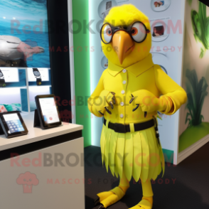 Lemon Yellow Parrot mascot costume character dressed with a Skirt and Smartwatches