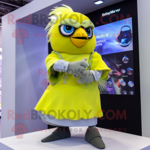 Lemon Yellow Parrot mascot costume character dressed with a Skirt and Smartwatches