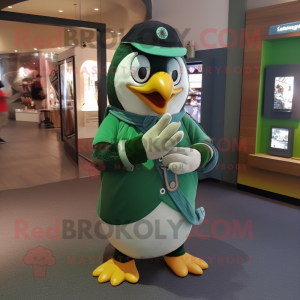 Green Penguin mascot costume character dressed with a Henley Shirt and Bracelet watches