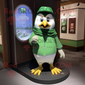 Green Penguin mascot costume character dressed with a Henley Shirt and Bracelet watches