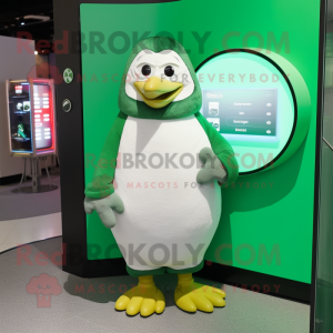 Green Penguin mascot costume character dressed with a Henley Shirt and Bracelet watches