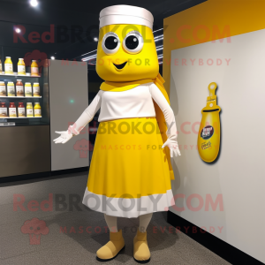 White Bottle Of Mustard mascot costume character dressed with a Skirt and Cufflinks