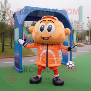 Peach Soccer Goal mascot costume character dressed with a Windbreaker and Wallets