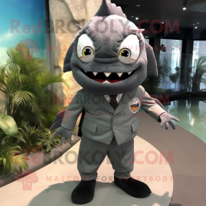 Gray Piranha mascot costume character dressed with a Suit Pants and Hair clips