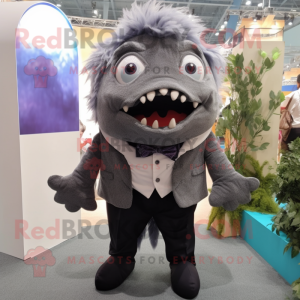 Gray Piranha mascot costume character dressed with a Suit Pants and Hair clips