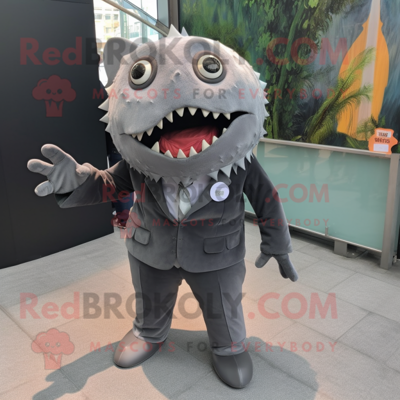 Gray Piranha mascot costume character dressed with a Suit Pants and Hair clips