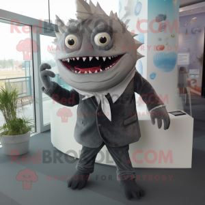 Gray Piranha mascot costume character dressed with a Suit Pants and Hair clips