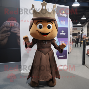 Brown Queen mascot costume character dressed with a Suit Jacket and Backpacks