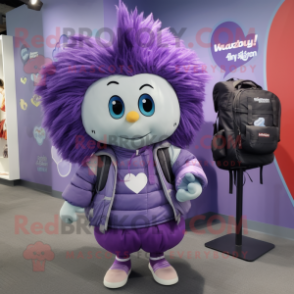 Lavender Heart mascot costume character dressed with a Coat and Backpacks