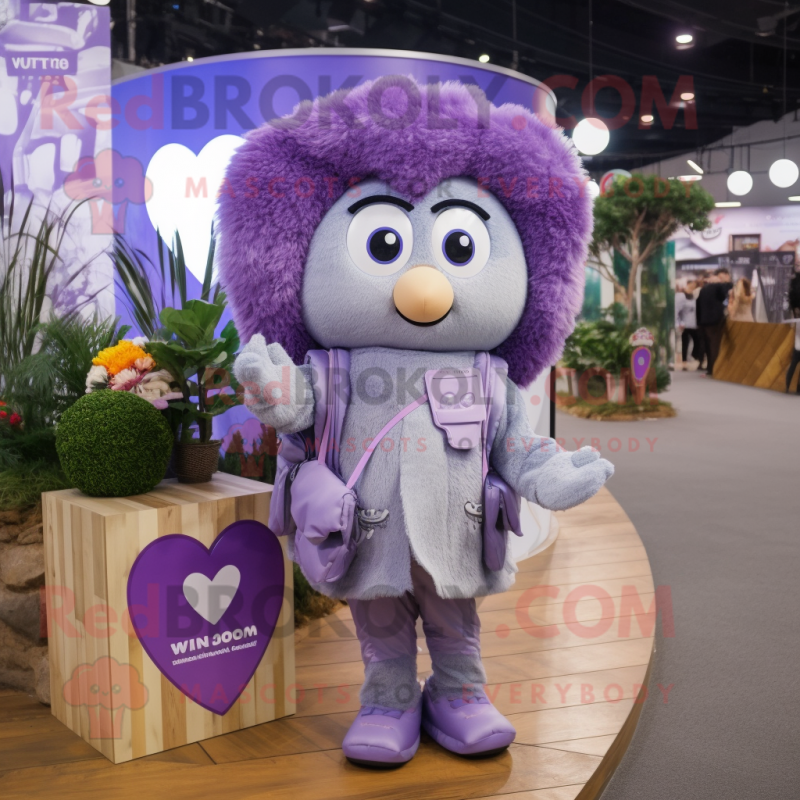Lavender Heart mascot costume character dressed with a Coat and Backpacks Lavender Heart mascot costume character dressed with a Coat and Backpacks