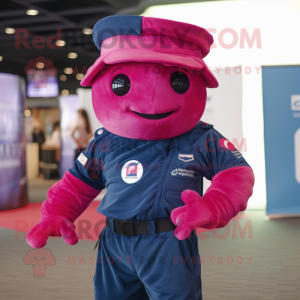 Magenta Navy Soldier mascot costume character dressed with a Jeans and Wraps