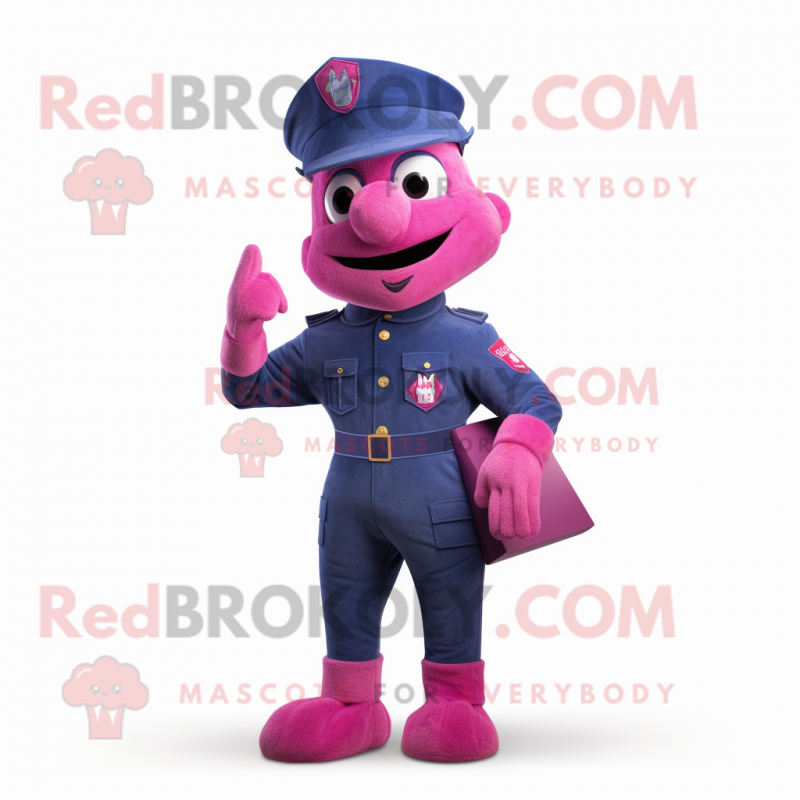 Magenta Navy Soldier mascot costume character dressed with a Jeans and Wraps