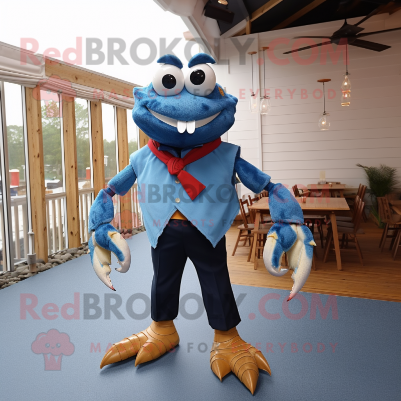 Blue Crab Cakes mascot costume character dressed with a Dress Shirt and Suspenders Blue Crab Cakes mascot costume character dressed with a Dress Shirt and Suspenders