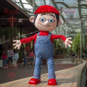 Red Tightrope Walker mascot costume character dressed with a Denim Shorts and Necklaces